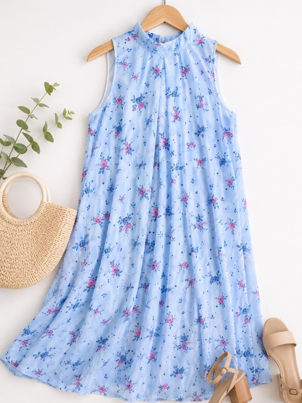 ELLE Floral Chiffon Dress XL NWT Blue Pink Bow Back Mock Neck A-Line